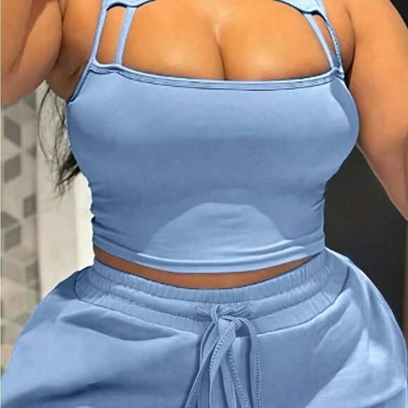 Blue Athletic High-Waisted Shorts with Drawstring - Picture 1 of 3